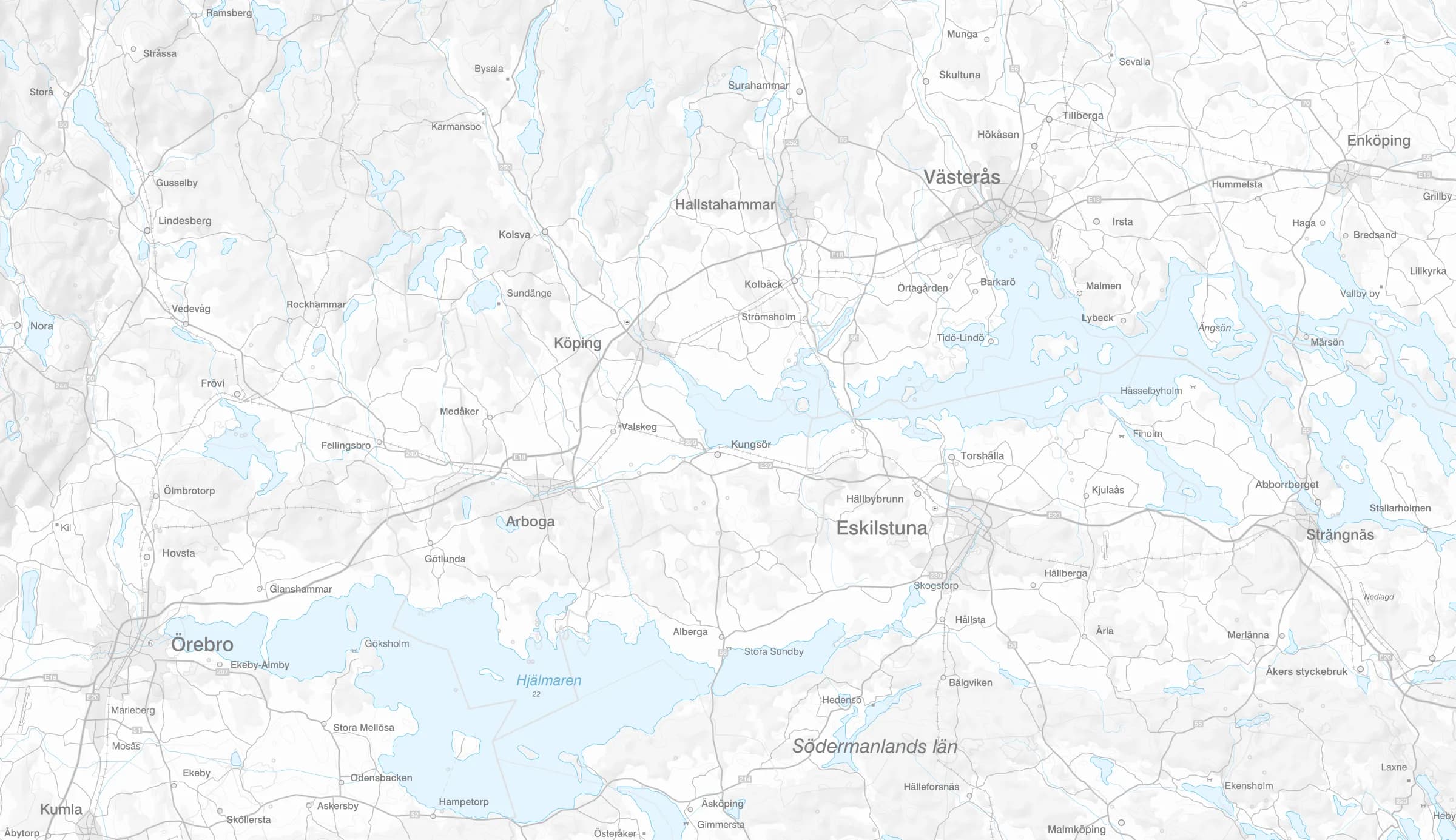 Karta över området runt Köping med bilvägarna till Västerås, Örebro och Strängnäs
