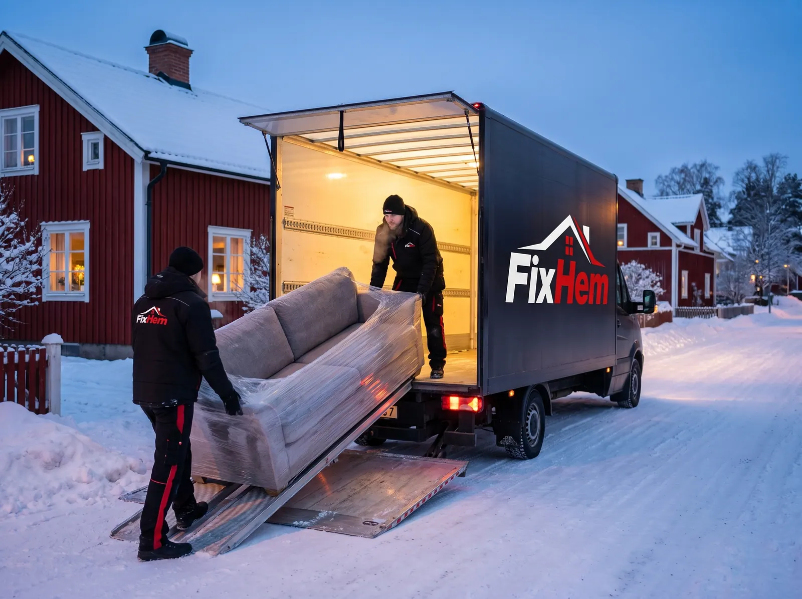 Flyttgods spänns fast i en flyttbil