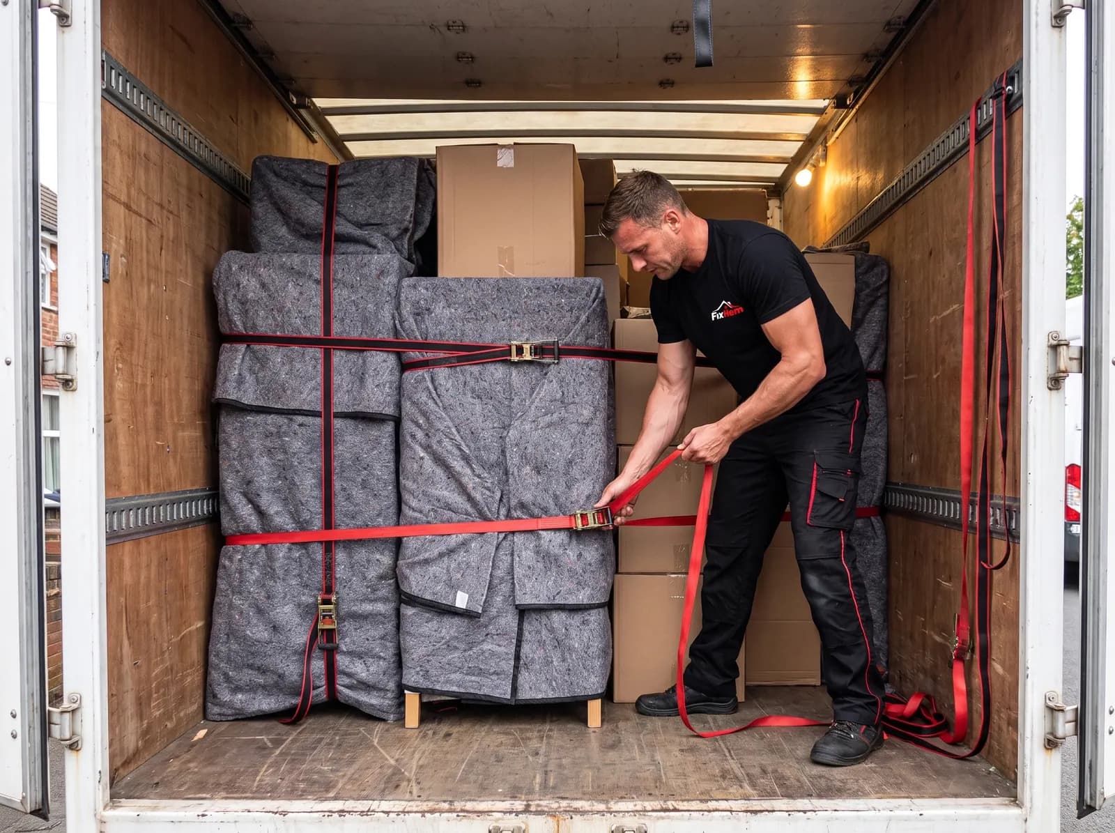 Flyttgods spänns fast med spännband i flyttbilens lastutrymme